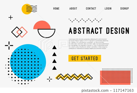 Memphis landing page with modern geometric shape elements, vector template background. Memphis landing page for website with home menu buttons and minimal shapes or abstract geometric figures 117147163
