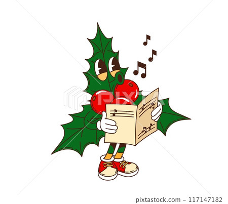 Retro groovy Christmas holly berry character with a sheet of music and a happy face. Isolated cartoon vector holly berry personage singing xmas holiday chorales, celebrating festive wintertime event Retro groovy Christmas holly berry character with a sheet of music and a happy face. Isolated cartoon vector holly berry personage singing xmas holiday chorales, celebrating festive wintertime event 117147182