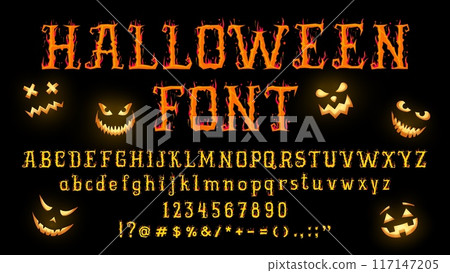 Halloween font, witch type, scary typeface, spooky Helloween alphabet with horror pumpkin monster characters. Halloween hellfire flame font vector typography, fire letters, numbers and flaming symbols 117147205
