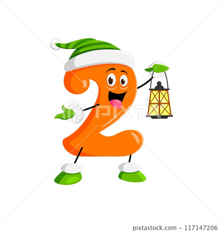 Cartoon math number two Christmas and new year character wears a festive hat, holds a glowing lantern. Isolated vector arithmetic personage spreading holiday cheer with a jolly and numerical charm Cartoon math number two Christmas and new year character wears a festive hat, holds a glowing lantern. Isolated vector arithmetic personage spreading holiday cheer with a jolly and numerical charm 117147206