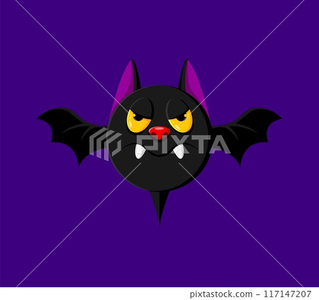 Halloween holiday bat emoji cartoon character. Isolated vector vampire animal emoticon with spooky fangs. pointy ears, wings and yellow eyes, adds a playful touch to festive messages and media posts Halloween holiday bat emoji cartoon character. Isolated vector vampire animal emoticon with spooky fangs. pointy ears, wings and yellow eyes, adds a playful touch to festive messages and media posts 117147207