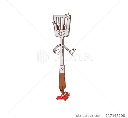 Spatula retro groovy barbeque grill character. Isolated cartoon vector bbq kitchen tool personage with cute happy face and expressive eyes, wearing gloves and sneakers ready for outdoor cooking party Spatula retro groovy barbeque grill character. Isolated cartoon vector bbq kitchen tool personage with cute happy face and expressive eyes, wearing gloves and sneakers ready for outdoor cooking party 117147208