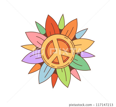 Retro cartoon groovy daisy flower with hippie peace symbol. Isolated vector vibrant, multicolored psychedelic blossom with peace emblem, encapsulates essence of 60s and 70s hippie culture and pacifism 117147213