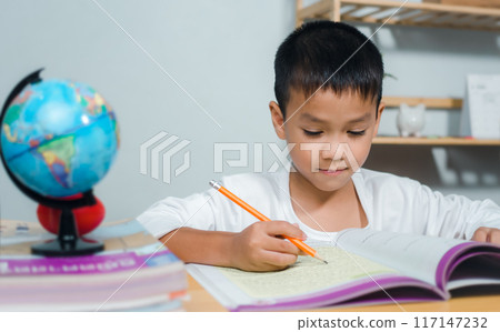Student learning study reading book while sitting at home. Education, Childhood, People, Homework and school concept. Student boy with book writing to notebook at home. 117147232