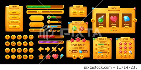 Golden game interface icons, GUI buttons and panels with loading bars, vector elements. Arcade game interface golden buttons, menu controls and score panel for level options and gamer user UI settings 117147233