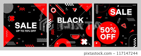 Modern black Friday Memphis banners with abstract geometric patterns. Vector sale cards in black, white and red colors announcing discount and price off deals, store and shop retail promo ad templates Modern black Friday Memphis banners with abstract geometric patterns. Vector sale cards in black, white and red colors announcing discount and price off deals, store and shop retail promo ad templates 117147244