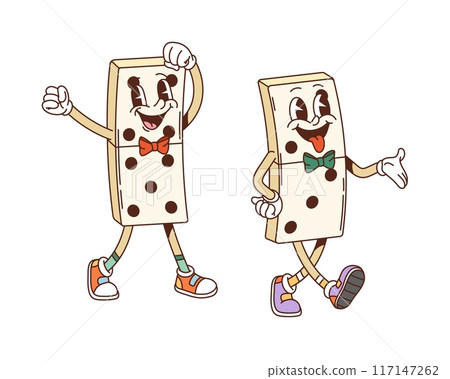 Retro groovy funky domino characters dancing cheerfully. Isolated cartoon vector two game bone personages with expressive faces, bow ties, and sneakers, exuding retro fun, playfulness and nostalgia Retro groovy funky domino characters dancing cheerfully. Isolated cartoon vector two game bone personages with expressive faces, bow ties, and sneakers, exuding retro fun, playfulness and nostalgia 117147262