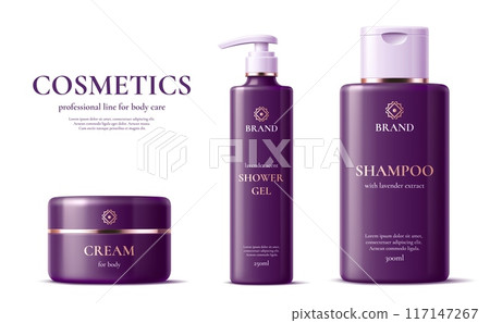 Hair shampoo bottle, shower gel and body cream purple packages cosmetic product template. Professional line with lavender extract of body care cosmetics. Realistic 3d vector jar and bottle mockups 117147267