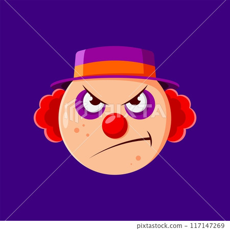 Halloween holiday cartoon clown emoji character. Spooky sinister funnyman with an angry face expression, fiery eyes, and red nose. isolated vector evil funster emoticon for festive messages and chats 117147269