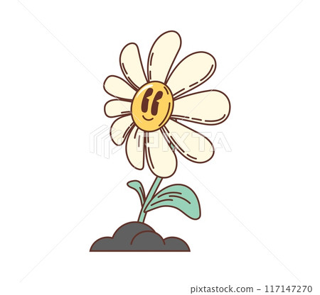 Retro groovy cartoon flower or daisy character in 70s or 80s hippie art, vector symbol. Psychedelic groovy flower or funky funny daisy with smile on face for emoji sticker or love and peace emoticon Retro groovy cartoon flower or daisy character in 70s or 80s hippie art, vector symbol. Psychedelic groovy flower or funky funny daisy with smile on face for emoji sticker or love and peace emoticon 117147270