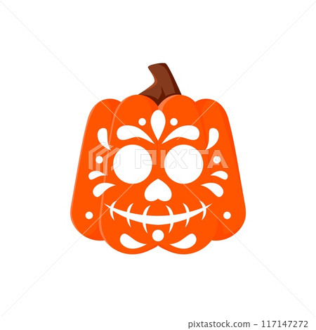Day of the Dead Mexican pumpkin carving. Halloween smiling pumpkin face print, Mexican Day of the Dead cute Jack o lantern or Mexico holiday carving ornate skull vector tattoo, icon or decoration 117147272