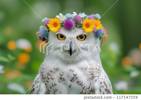 A cute owl wearing a flower crown on its head - AI-generated image 117147359
