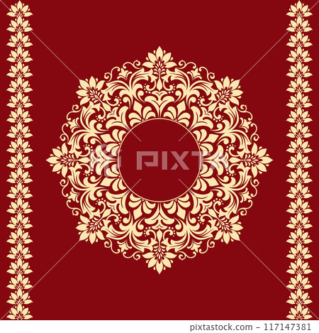 Decorative frame Elegant vector element for design in Eastern style, place for text. Floral golden and red border. Lace illustration for invitations and greeting cards 117147381