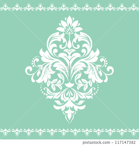 Damask graphic ornament. Floral design element. Green and white vector pattern Damask graphic ornament. Floral design element. Green and white vector pattern 117147382
