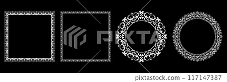 Set of decorative frames Elegant vector element for design in Eastern style, place for text. Floral black and white borders. Lace illustration for invitations and greeting cards. Set of decorative frames Elegant vector element for design in Eastern style, place for text. Floral black and white borders. Lace illustration for invitations and greeting cards. 117147387