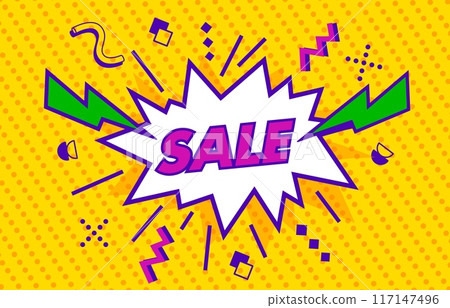 Retro Memphis speech bubble sale poster with comics boom, catchy explosion effect announcing irresistible discounts and deals. Vector promo car, eye-catching retro design for price off shopping event 117147496