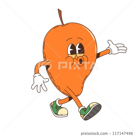 Cartoon groovy mango retro character. Isolated vector lively, anthropomorphic mango tropical fruit personage dances or walks, dressed in sneakers and gloves, exuding a playful and cheerful vibes 117147498