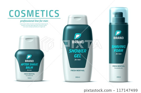 Men shower gel, shaving foam and after shave balm cosmetic product package template. Realistic 3d vector packaging mockups, professional cosmetics line with fresh menthol ingredient for sensitive skin 117147499