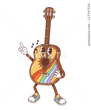 Retro groovy music guitar character singing a song or whistling a melody, vector funky emoji. Funny groovy cartoon hippie guitar musical instrument with rainbow and happy face for party emoticon 117147520