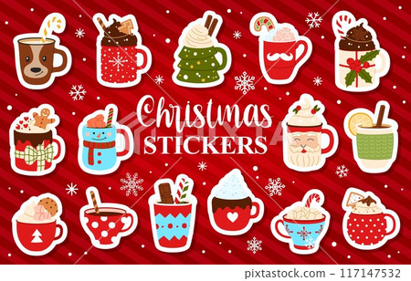 Stickers pack of Christmas eggnog cups, tea mugs, hot chocolate and mulled wine. Festive cozy winter beverages adorned with holiday motifs like snowflakes, santa faces, gingerbread people, and snowmen 117147532
