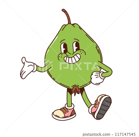Cartoon groovy guava fruit character wearing sneakers and gesturing with a friendly smile. Isolated vector cheerful, green tropical fruit personage with a wide toothy smile, promotes healthy eating 117147545