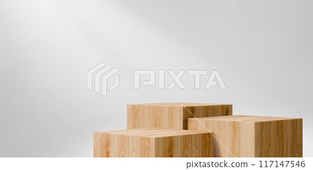 Wooden square cube podium stages of wood block platforms, vector mockup on white background. Product display podiums of three realistic wooden cubes for exhibition display or showcase stand pedestal 117147546