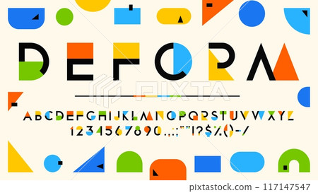Color geometry font, modern art type letters and numbers with rainbow color geometric shapes and figures, vector typography. English abc characters abstract font in frame of colorful geometry pattern 117147547