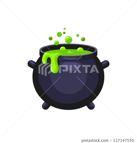 Cartoon Halloween witch cauldron emoji, magic pot with green potion. Vector steel boiler with boiling magic brew or steaming goo. Isolated evil item for wizard, sorceress or mage, kettle with poison 117147550