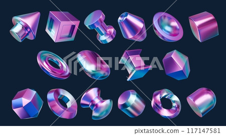 3d holographic iridescent metal shapes, rainbow chrome gradient figures. vector cone and cube, cylinder, pyramid and disk. Ring, sphere, hemisphere, prism, torus, hexagon or capsule, arrow, trapezoid 117147581