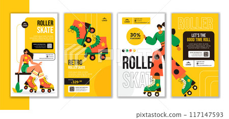 Roller Skates Social Media Stories Flat Cartoon Hand Drawn Templates Background Illustration 117147593