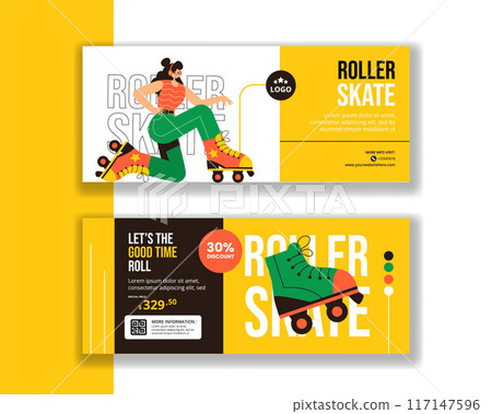 Roller Skates Horizontal Banner Flat Cartoon Hand Drawn Templates Background Illustration 117147596
