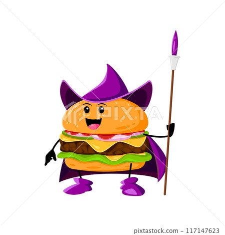 Cartoon Halloween cheeseburger fast food mage, wizard and witch character. Isolated vector cheesy burger personage with sesame seeds, hat and robe, casting delicious spells and flavorful enchantments 117147623