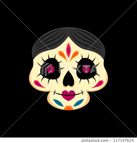 Day of the Dead Mexican ornate skull. Hispanic culture holiday death face icon, Mexican Dia de Los Muertos skeleton head or Mexico Halloween celebration sugar calavera skull vector tattoo or icon 117147624
