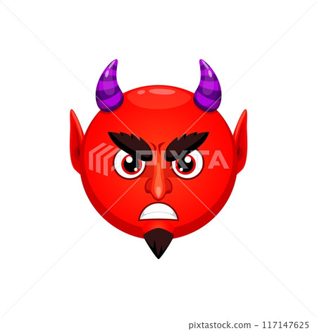 Cartoon Halloween devil emoji character. Isolated vector devilish, and spooky personage for messages and chats. Red imp face emoticon with evil grin, horns, beard and fiery eyes, round Satan emoticon Cartoon Halloween devil emoji character. Isolated vector devilish, and spooky personage for messages and chats. Red imp face emoticon with evil grin, horns, beard and fiery eyes, round Satan emoticon 117147625