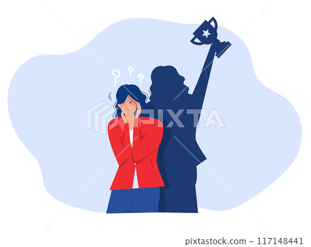 Imposter syndrome.shadow woman standing for her present profile take award with Anxiety and lack of self confidence at work; the person fakes is someone else concept Imposter syndrome.shadow woman standing for her present profile take award with Anxiety and lack of self confidence at work; the person fakes is someone else concept 117148441