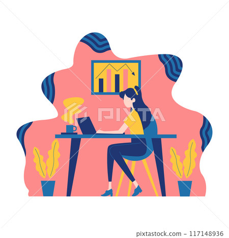 Flat Design Illustration of Woman Employee Working Using Laptop at Office with Fluid Background Flat Design Illustration of Woman Employee Working Using Laptop at Office with Fluid Background 117148936