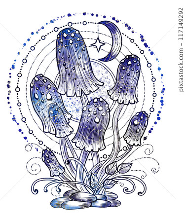 Styled vintage illustration with mystic mushrooms magic and floral elements Styled vintage illustration with mystic mushrooms magic and floral elements 117149292
