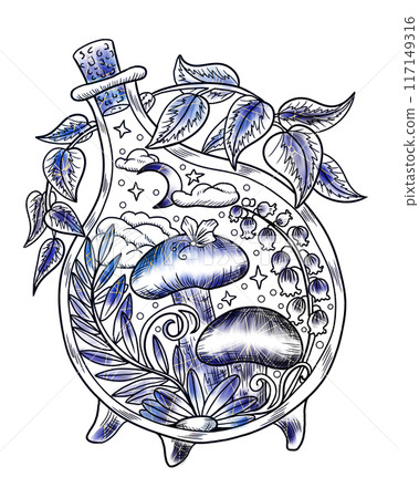 Styled vintage illustration with mystic mushrooms, magic and floral decorative elements, witchcraft symbols isolated on white. Esoteric and witchy concept, tattoo art 117149316