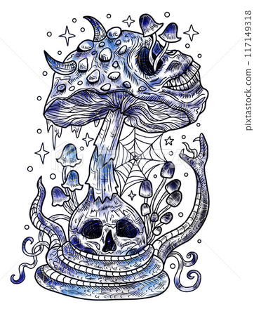Styled vintage illustration with mystic mushrooms, magic and floral decorative elements, witchcraft symbols isolated on white. Esoteric and witchy concept, tattoo art 117149318