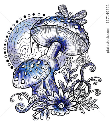 Styled vintage illustration with mystic mushrooms, magic and floral decorative elements, witchcraft symbols isolated on white. Esoteric and witchy concept, tattoo art Styled vintage illustration with mystic mushrooms, magic and floral decorative elements, witchcraft symbols isolated on white. Esoteric and witchy concept, tattoo art 117149321