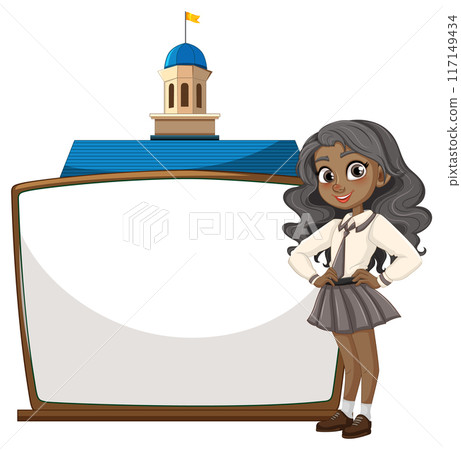 Schoolgirl with Blank Signboard 117149434