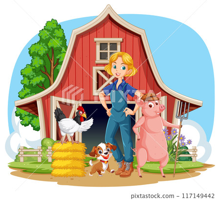 Happy Farmer with Farm Animals 117149442