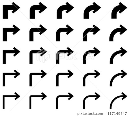 單色彎曲箭頭、彎曲箭頭、L 形轉彎箭頭的向量插圖集 117149547