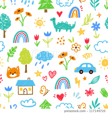 Cute kid child element vector seamless pattern. Hand drawn doodle sketch children cute vector school chalk background. Kids doodle crayon style line flower, cloud doodle pattern. Vector Cute kid child element vector seamless pattern. Hand drawn doodle sketch children cute vector school chalk background. Kids doodle crayon style line flower, cloud doodle pattern. Vector 117149720