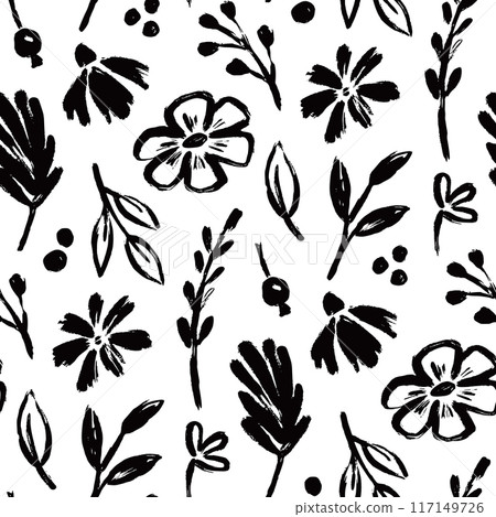 Flower brush seamless pattern. Floral abstract hand drawn brush paint background. Sketch hand drawn leaf floral paint seamless pattern. Black simple texture flower background. Vector 117149726