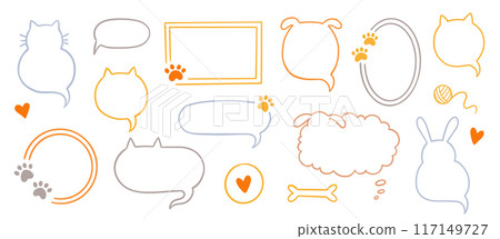 Cat dog pet frame, speech bubble cute set. Hand drawn sketch doodle line style animal pet frame design. Cat, dog paw cute talk speech bubble design. Puppy round footprint badge. Vector 117149727