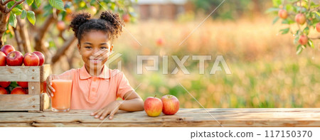 Child with apple. Cute black girl with fruit harvest. African american kid in autumn orchard with juice. Food farm garden with tree. Family apple pick banner. Happy little kid on summer countryside Child with apple. Cute black girl with fruit harvest. African american kid in autumn orchard with juice. Food farm garden with tree. Family apple pick banner. Happy little kid on summer countryside 117150370