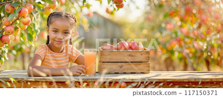 Child with apple. Cute black girl with fruit harvest. African american kid in autumn orchard with juice. Food farm garden with tree. Family apple pick banner. Happy little kid on summer countryside 117150371