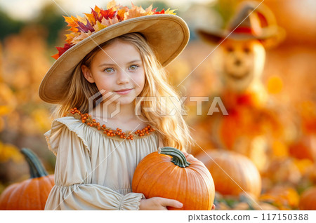 Teen girl in pumpkin autumn patch. Fall field. Family harvest festival. Cute child in hat and Halloween scarecrow, farm landscape. Thanksgiving girl, happy kid. Outdoor Thanksgiving holiday background 117150388