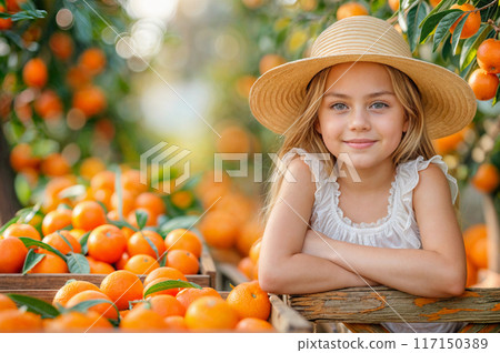 Orange fruits picking. Cute girl with citrus harvest in box. Farmer girl in tangerine orchard. Happy blond child in straw hat on farm trees background. People, summer orange picking. Autumn harvest 117150389